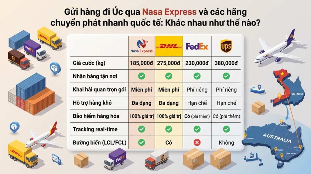 Khác nhau như thế nào khi gửi hàng đi Úc qua Nasa Expres với DHL, FedEx , UPS