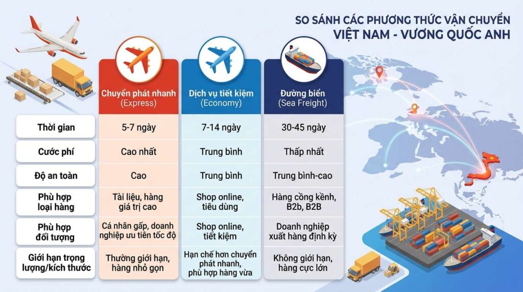 So Sánh Các Phương Thức Vận Chuyển Hàng Đi Anh