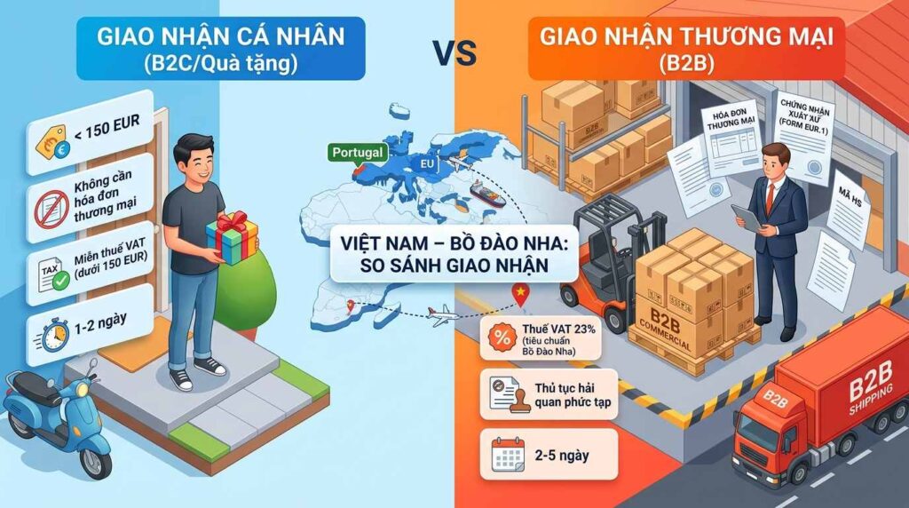 So Sánh Gửi Hàng Thương Mại (B2B) Đi Bồ Đào Nha Và Cá Nhân