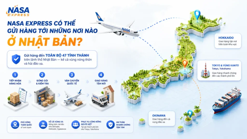 Nasa Express có thể gửi hàng tới những nơi nào ở Nhật Bản?