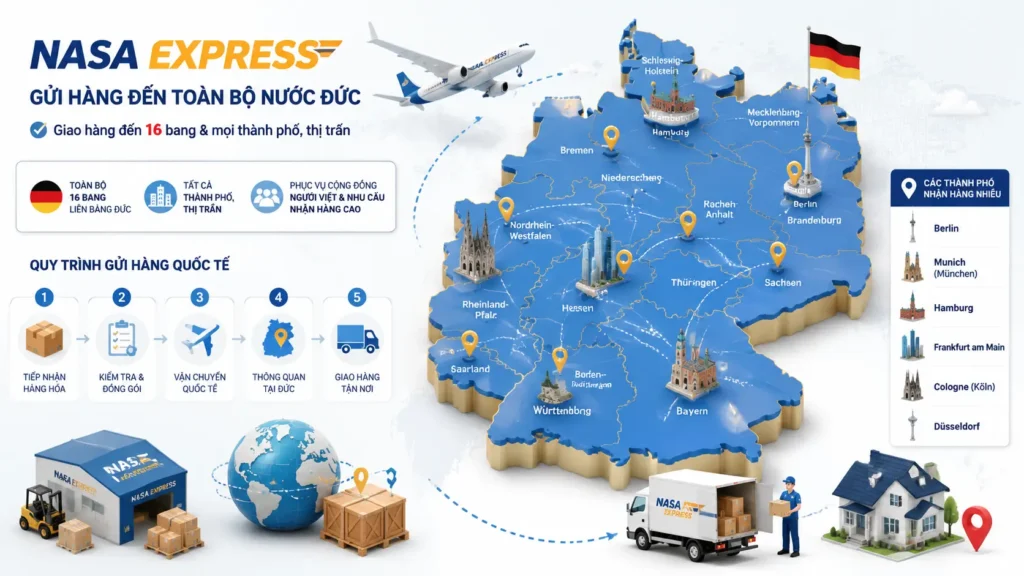 Nasa Express có thể gửi hàng tới những nơi nào ở Đức?
