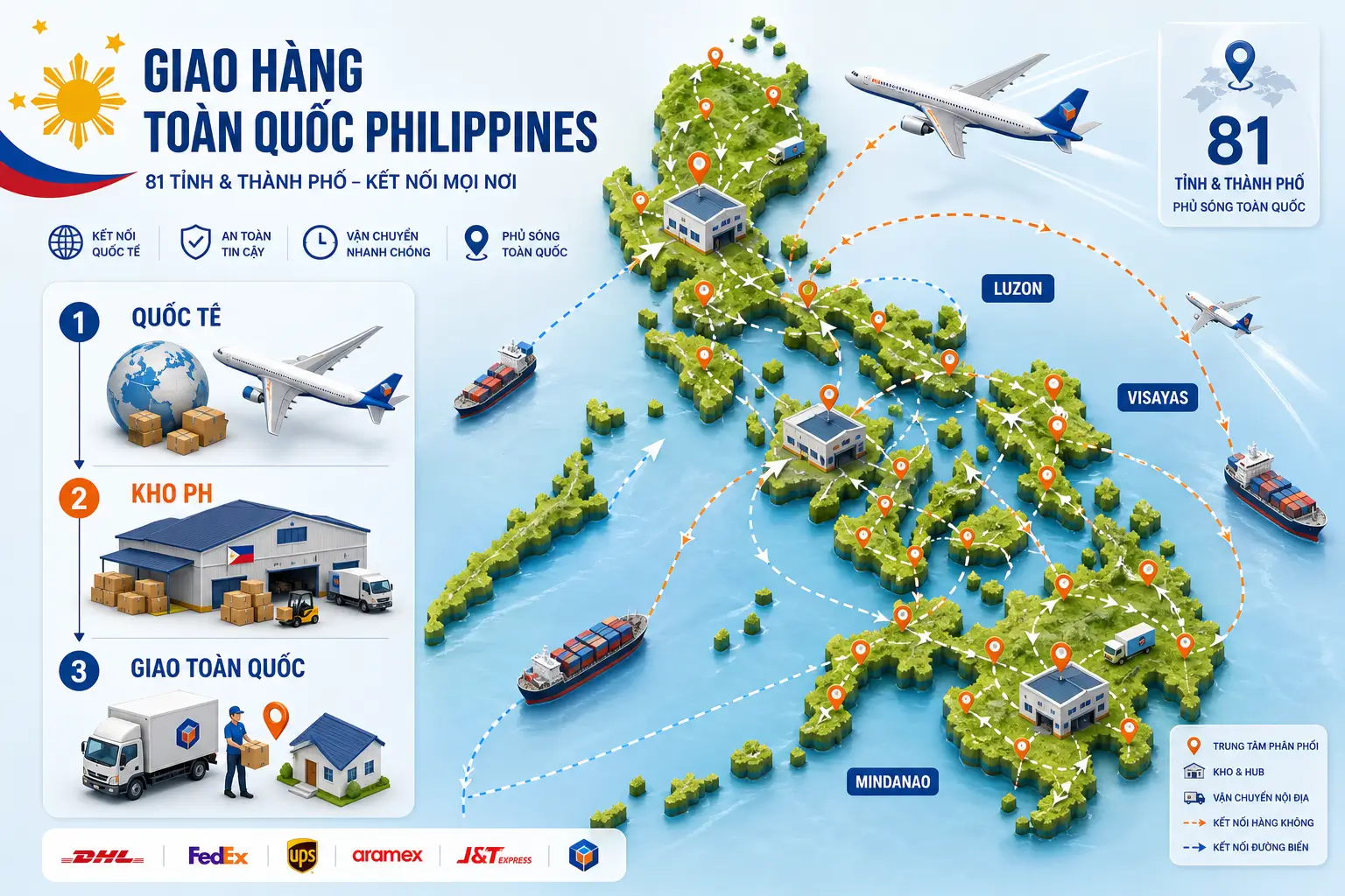 Nasa Express có thể gửi hàng tới những nơi nào ở Philippines?