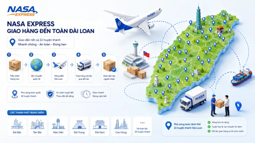 Nasa Express có thể gửi hàng tới những nơi nào ở Đài Loan?