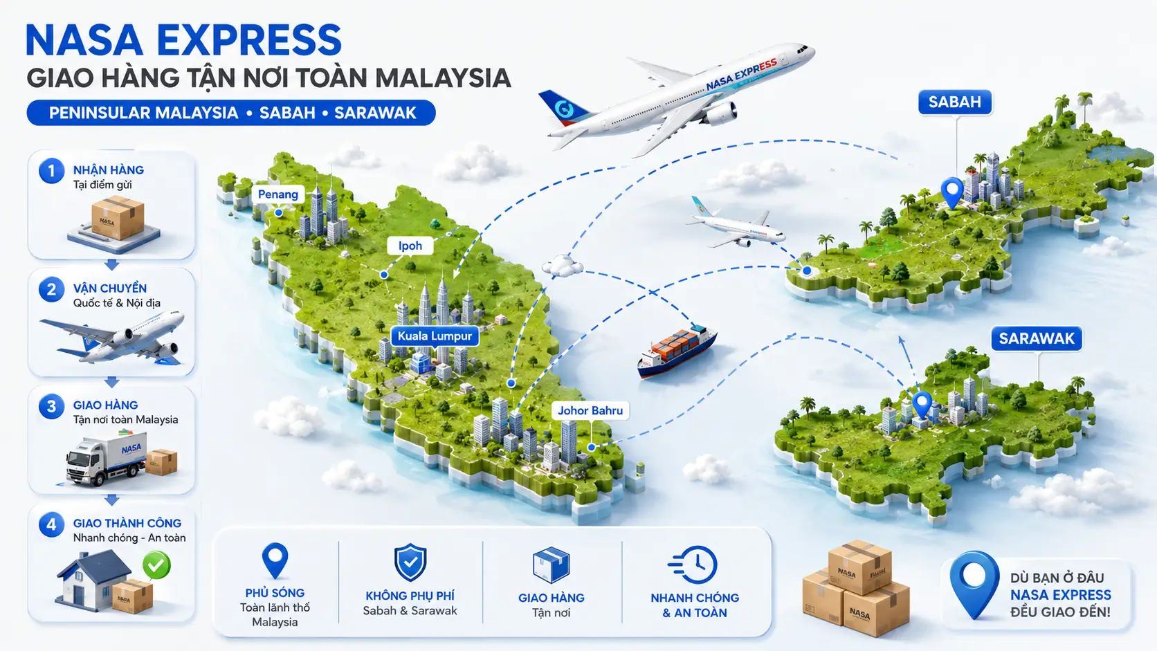 Nasa Express có thể gửi hàng tới những nơi nào ở Malaysia?